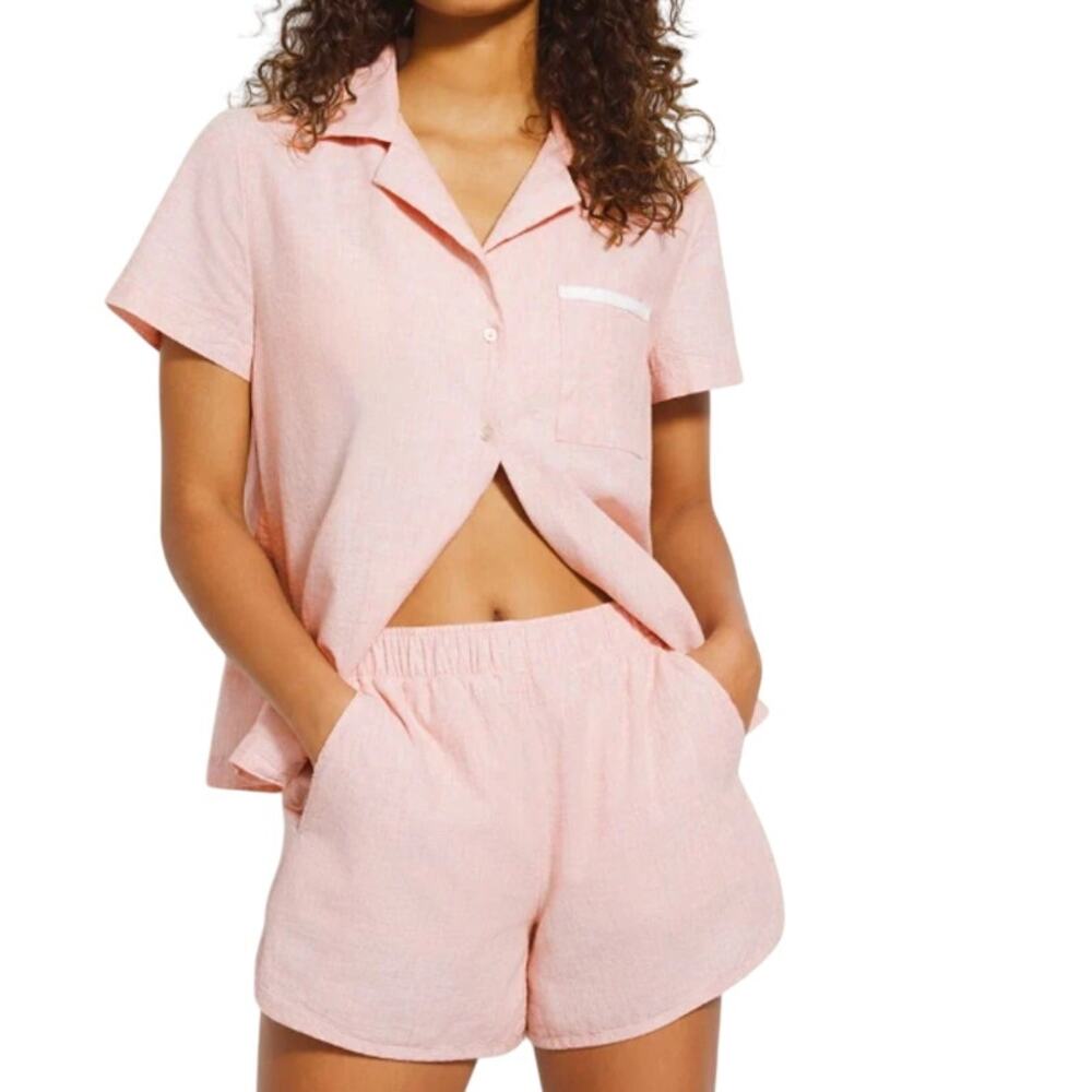 Soma Laundered Cotton Pajama Set Shorts Short Sleeve Creme Brulee Crossdye Large